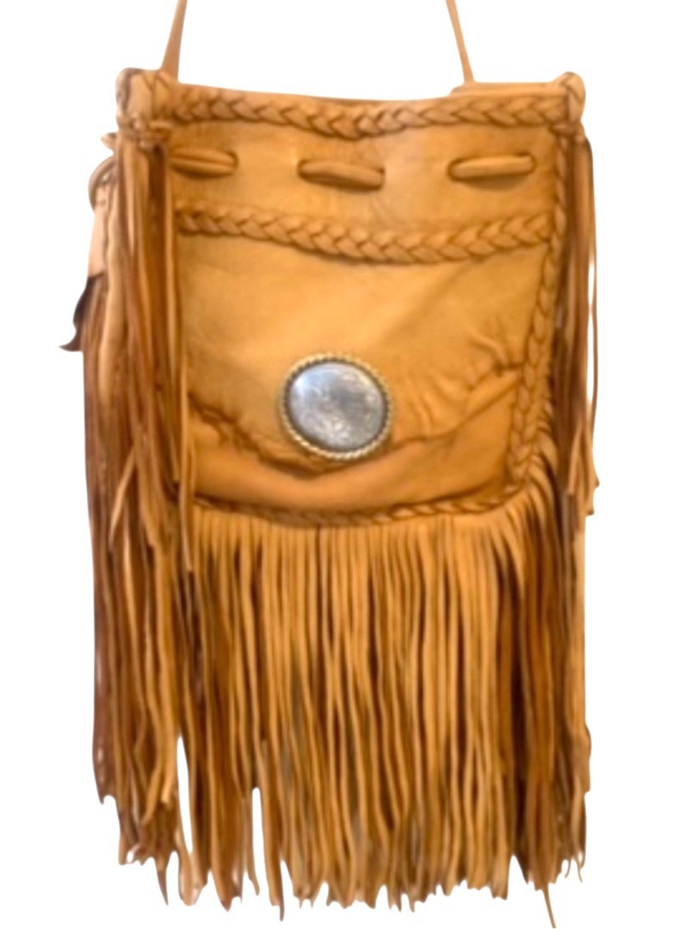 Tan Leather Deerskin Boho Crossbody Bag W Long Fringe Silver Tone Concha 9.5Wx5D